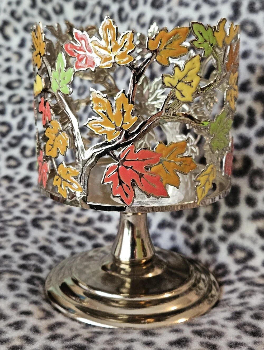 Bath & Body Works Gold Autumn Fall Maple Leaves 3-Wick Candle Pedestal Holder